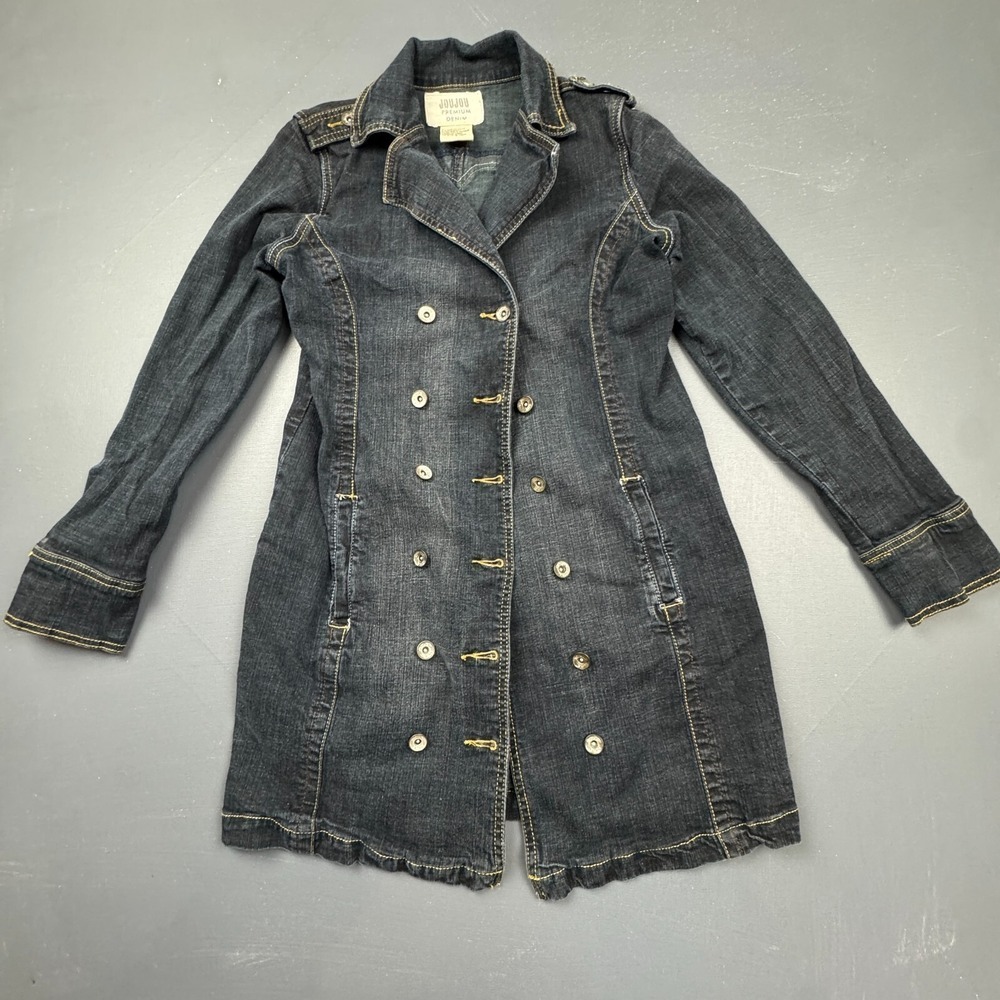 JouJou Denim Girls Size Large Dark Wash Double Breasted Trench Coat Long Jacket
